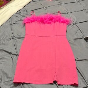 Pink Mini Dress with Feather Trim